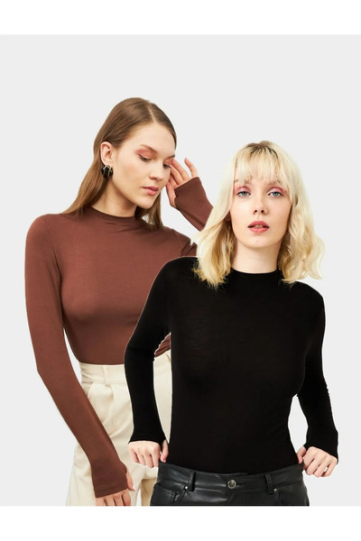 mısstresa boutıque Women's Brown Black Crew Neck Finger Detailed Bodysuit