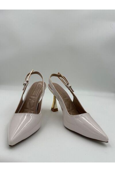adelix Thin Gold Heel Single Strap Women's Stylish Stiletto Patent Leather Beige