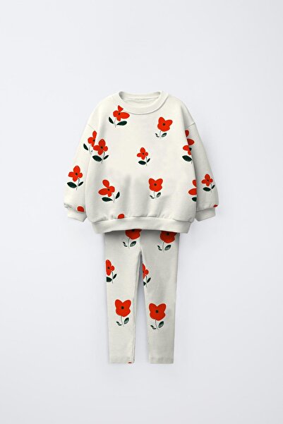 Magu Set cu hanorac și colanți din bumbac ecru cu model de flori roșii pentru...