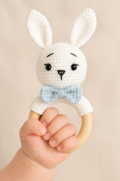 Naturel Bebek Mavi Papyonlu Tavşan Çıngıraklı Diş Kaşıyıcı