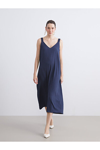 LC Waikiki Navy Blue V-Neck Textured Dress