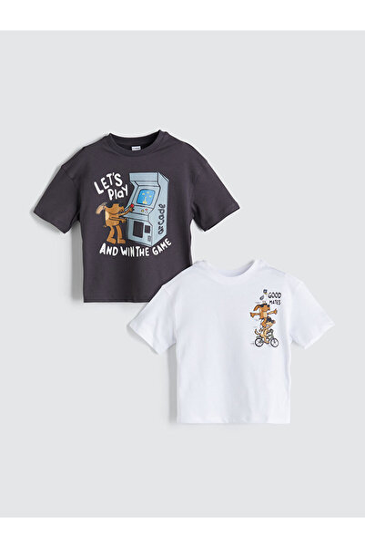 LC Waikiki White Crew Neck Printed Boys' T-Shirt, Pack of 2