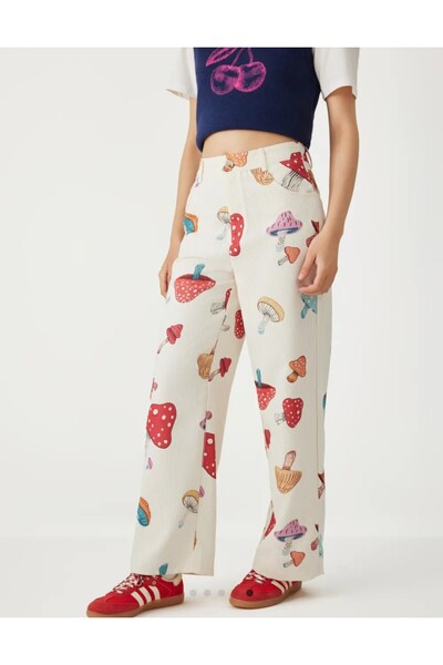 ARDSU CIDER catifea cu talie înaltă cu model ciuperci. Pantaloni cu picioare ...