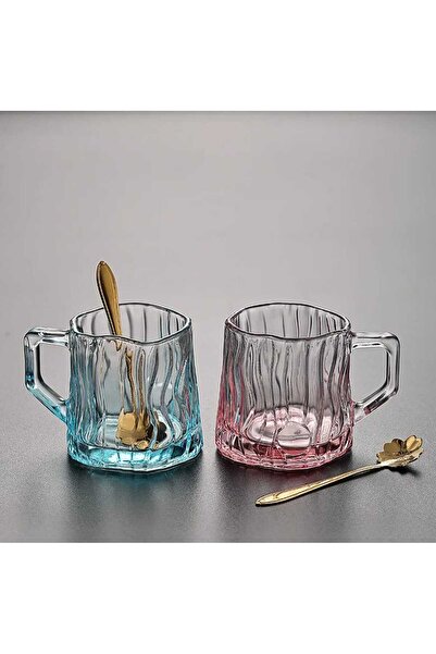 CEPHOME Kulplu ve Kaşıklı figürlü kalın Cam BARDAK ÇAY VE KAHVE kupa 450 ml L...