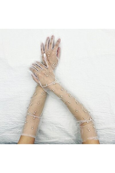 KESNUP Bridal veil gloves with pearls, universal size, White