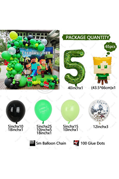 Miniso AS PICTURE 5 65pcs Hot Game Miner Pixel Theme Balloon Arch Kit with 40Inch Green Mosaic Number Boy B