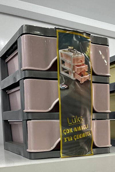 abnturk Çok Amaçlı Organizer 3 lü Çekmece Gri Pembe Lüks Görünüm 20x20