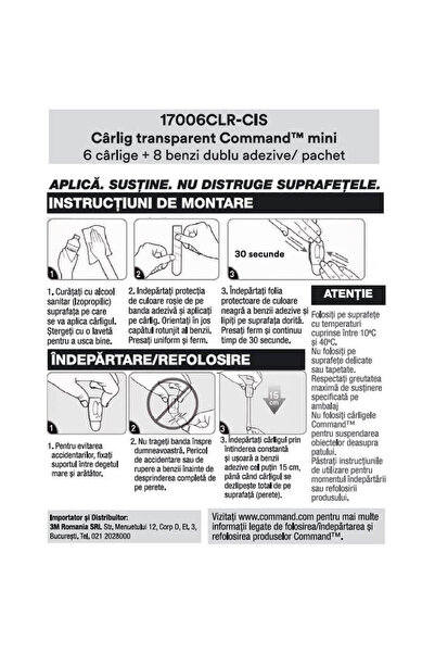 COMMAND Set of 6 hooks and 8 small COMMAND straps, maximum supported weight 225 g, Transparent