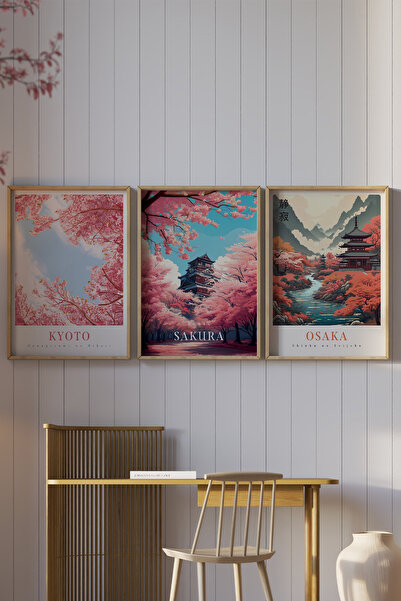 Japonya Dekoratif 3'lü Ahşap Mdf Tablo Seti