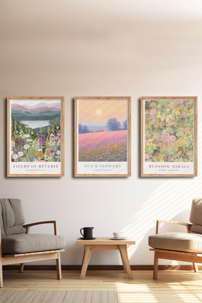 Mimbuu Botanik Dekoratif 3'lü Mdf Ahşap Tablo Seti