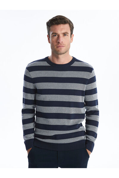 LC Waikiki Mg Trend'En Navy Blue Crew Neck Striped Men's Knitwear Sweater
