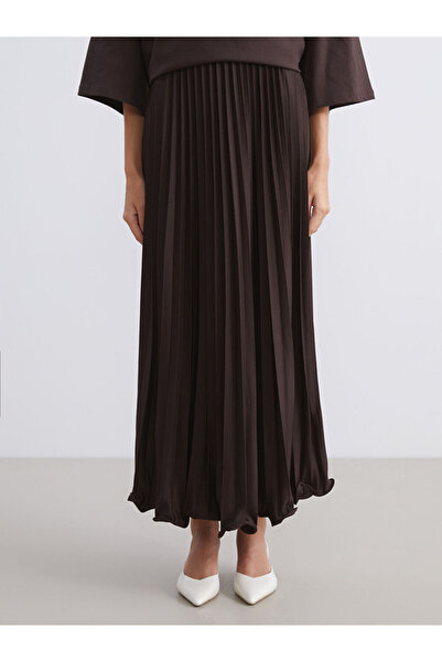 LC Waikiki Kahverengi Beli Lastikli Şifon Pileli Etek