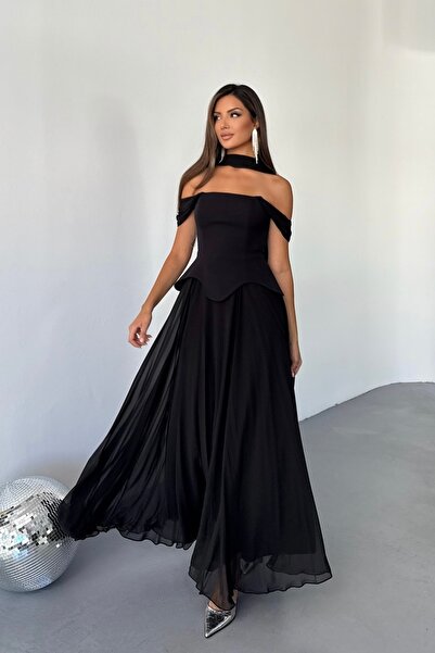 İyem Abiye Şallı Ve Takım Görünümlü Düşük Omuz Krep Şifonlu Abiye Elbise Dar ...