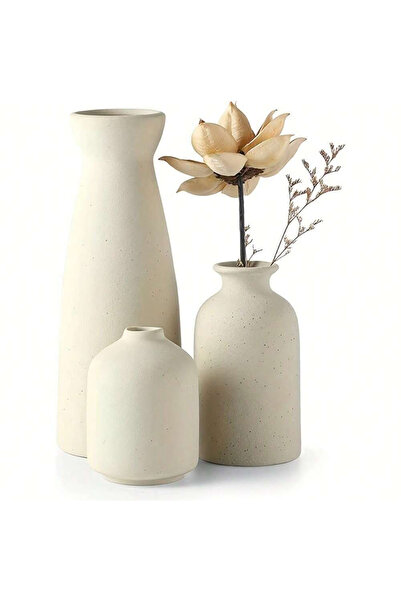 Choice مجموعة من 3 قطع من المزهريات الخزفية البوهيمية باللون البيج، مزهرية بو...