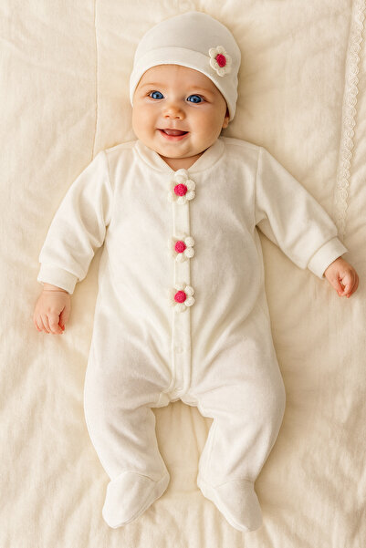 Bond Bestie Velvet Jumpsuit 2 Piece Newborn Romper & Hat Long Sleeve Daisy Detailed Velvet Outfit 0-3 Months