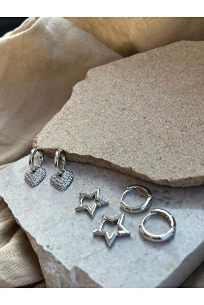 nunu takı Silver Color Heart Star Six Piece Earrings