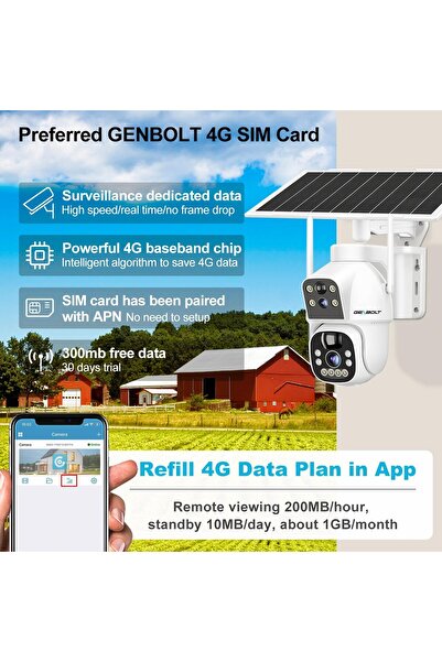 GENBOLT 3G/4G LTE Cellular Solar Security Camera Outdoor Wireless, 8W 15600mAh Battery Operated Surv