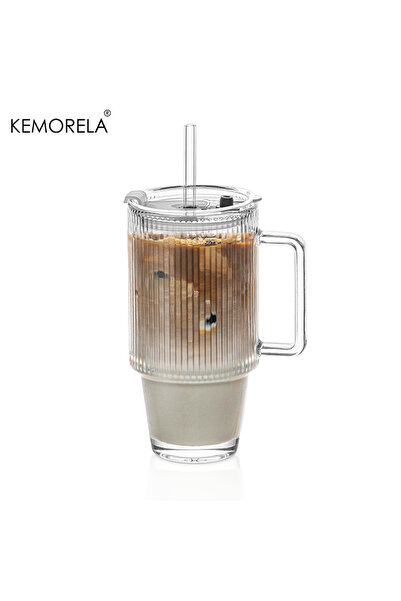 Choice1 700 مل 1 قطعة KEMORELA 700 مل كوب قهوة زجاجي مخطط مع غطاء وقشة ومقبض ...