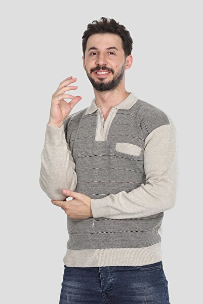 HEDEFNUR TEKSTİL Men's Middle-Aged and Older Knitwear Knitted Acrylic Winter Dad Polo Neck Sweater with Pockets
