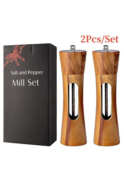 Choice مطحنة ملح وفلفل خشبية 2 قطعة 8 بوصة مع قاعدة، قلب سيراميك نافذة شفافة يدوية Peppe