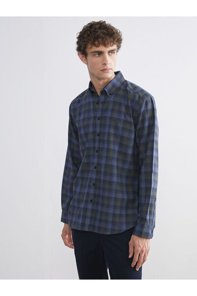 LC Waikiki Navy Blue Regular Fit Long Sleeve Plaid Men's Shirt