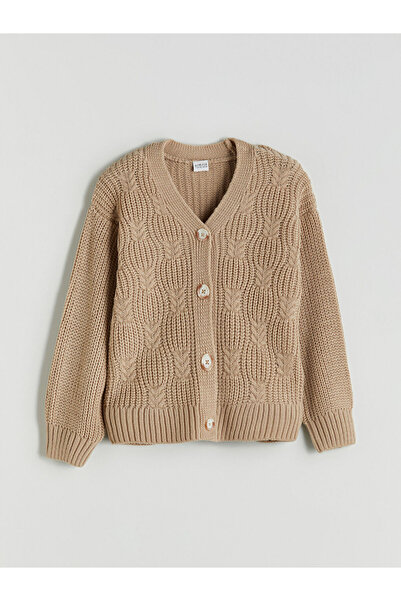 LC Waikiki Beige V-Neck Girl's Knitwear Cardigan