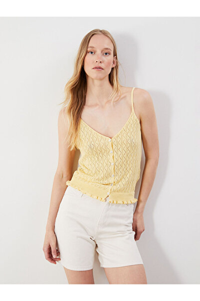 LC Waikiki Lcw Vision Yellow V-Neck Openwork Rope Strap Women's Knitwear Unde...