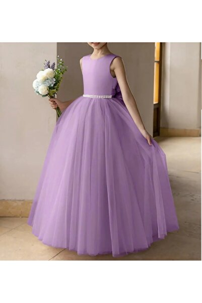 MadyaButik Rochie de bal din tul cu perle și fundă din satin/rochie de prințesă