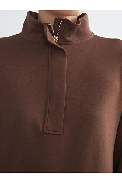LC Waikiki Kahverengi Dik Yaka Kadın Sweatshirt Tunik