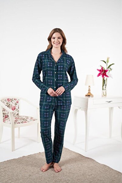 Estiva Women's Winter Front Buttoned Checked Suede Pajama Set