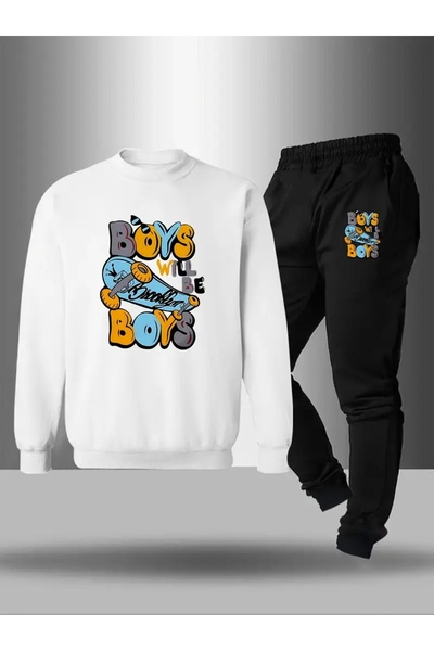 CROPSEL Children's Printed Crew Neck Sweatshirt and Sweatpants Set 3 Thread Raster for Autumn/Winter