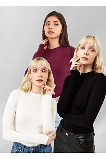 mısstresa boutıque Kadın Siyah Beyaz Bordo Bisiklet Yaka Parmak Detaylı Body