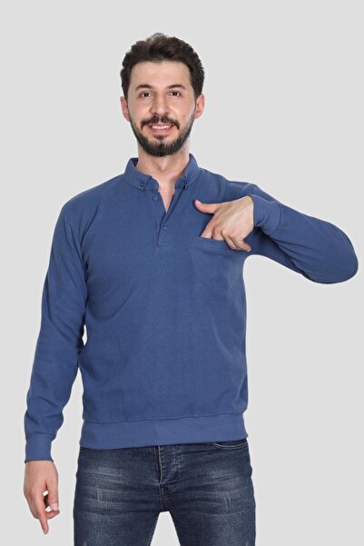 HEDEFNUR TEKSTİL Синя мъжка поло блуза с джобове и редовна кройка Thessaloniki Knit Sweatshirt