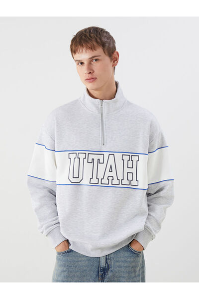 LC Waikiki White Stand Collar Color Block Men's Sweatshirt