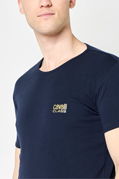 Cavalli Class Men Crew Neck Short Sleeve Brand Logo T-Shirt, Navy