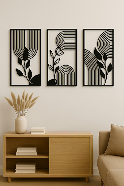 LUNOART 3’lü Minimalist Yaprak ve Çizgi Desenli Metal Tablo Seti