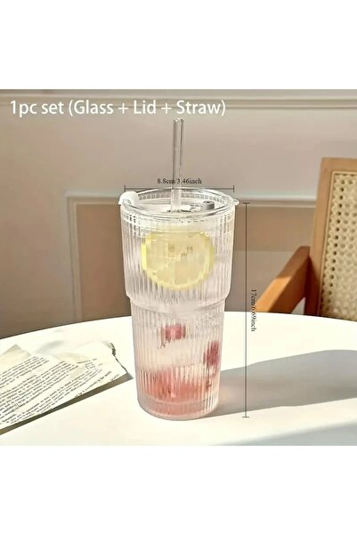 Choice1 400-600ml 600ml 600ml Stripe Glass Cup with Lid and Straw Transparent...