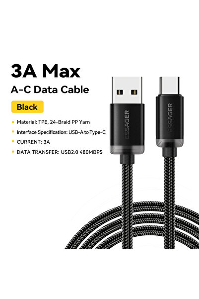 essager 1 متر 3 أمبير من النوع C أسود 3 أمبير كابل USB من النوع C كابلات شحن ...