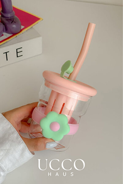 UCCO 500ml Daisy Patterned Glass Detox Thermos Flask Cup with Straw - Milk, Water, Soft Drink, Lemonade Cup