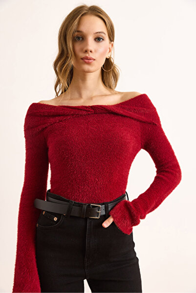 Olalook Kadın Bordo Yaka Detaylı Madonna Yaka Sakal Bluz BLZ-19003100