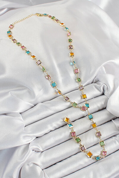 Lisinya قلادة على شكل حرف Y من النحاس الأصفر موديل مربع بلون ذهبي مع حجر الزر...