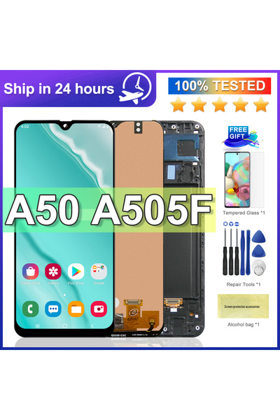 Choice شاشة LCD تعمل باللمس لهاتف Samsung A50 SM-A505FN/DS A505F/DS A505 باللون الأسود مع إطار تم اختبارها بنسبة 100%