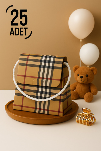 ByMeyla 25 Adet Konsept Özel Tasarım Hediye Kutusu Hediye Çanta Boş Karton Çanta Hediyelik Ekose Desenli