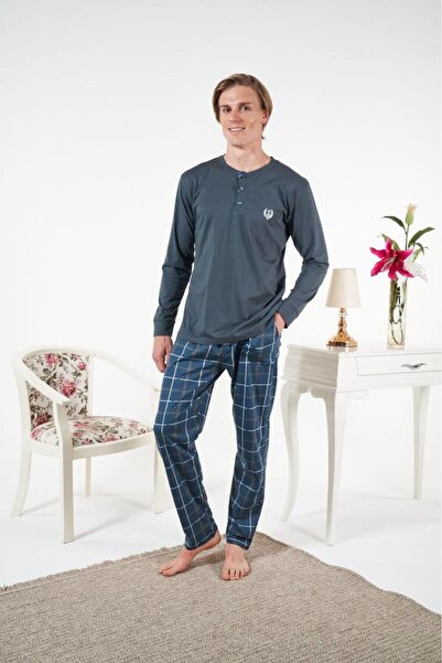 Estiva Men's Winter Plaid Combed Cotton Single Jersey Pajama Set Petrol