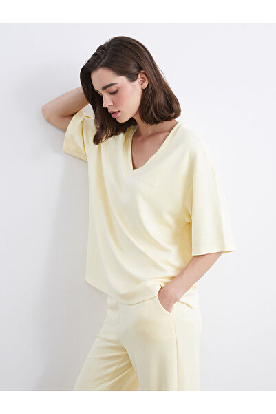 LC Waikiki Yellow V-Neck Embroidered Oversize Women's T-Shirt