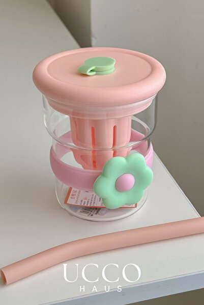 UCCO 500ml Daisy Patterned Glass Detox Thermos Flask with Straw - Water, Soft Drink, Lemonade Cup/607A