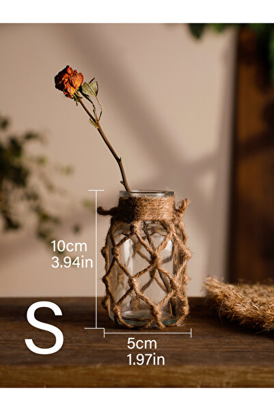Choice TK815-RXHP286 Rustic Hanging Glass Vase with Art Hemp Rope ,Rope Net Dry Flower Glass Vase,Home Tran