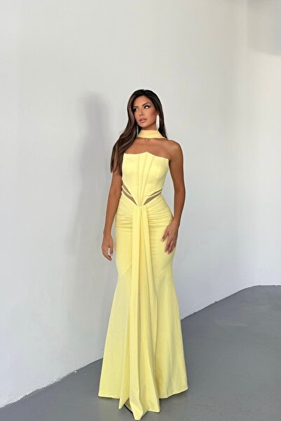 İyem Abiye Krep Şallı Bel Transparan Ve Taşlı Yırtmaçlı Abiye Elbise Dar Kalıp