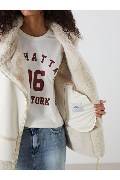 LC Waikiki Δημιουργήστε το στυλ σας από το UZG Store | Γυναικείο παλτό με γιακά μοτοσικλέτας σε στυλ σουέτ