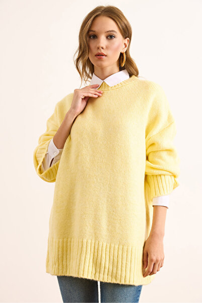 Olalook Kadın Sarı Bisiklet Yaka Kalın Bantlı Oversize Triko Kazak KZK-19000988